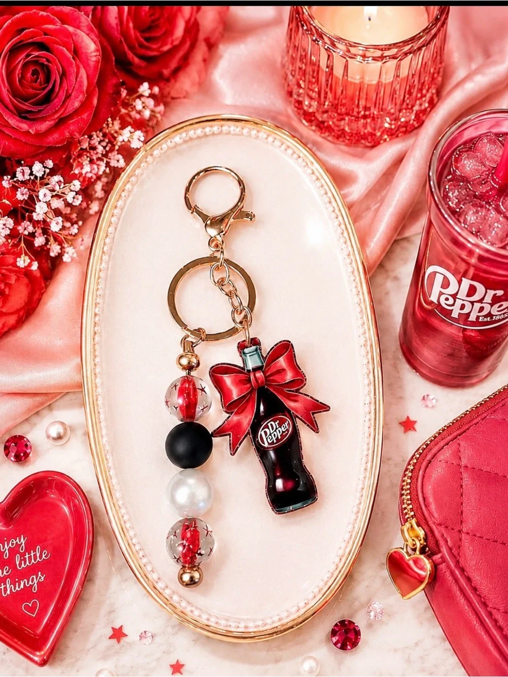 Handmade Dr Pepper inspired Bottle Charm with Red bow Keychain with Bead Accents
